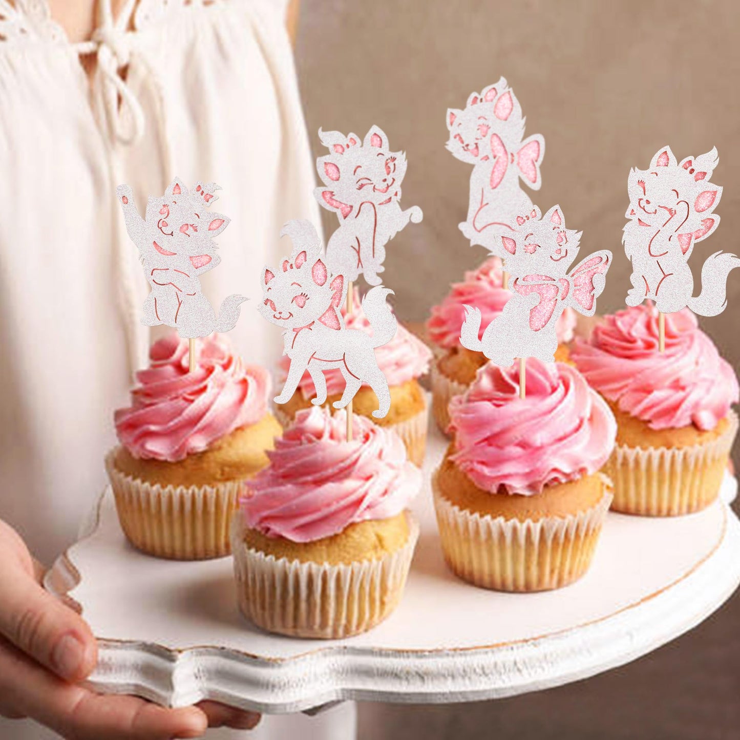 Cyodoos 24Pcs Cat Cupcake Toppers Shiny Pink Cat Baby Shower Cupcake S Cute Cat Theme Princess Theme Bridal Shower Wedding Anniversary Party Decoration Pink