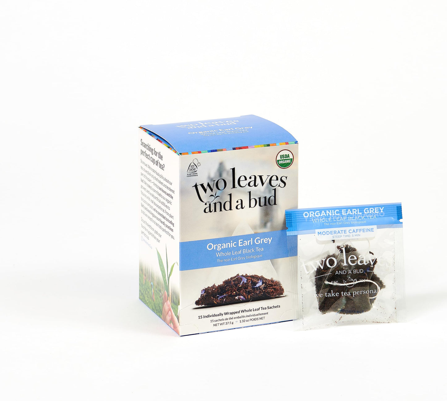 Two Leaves And A Bud Organic Earl Grey Tea Bags, Whole Leaf Caffeinated Black Tea In Compostable Sachets, Caffeinated Black Tea Flavored With Bergamot, Add Milk And Sugar, 15 Count (Pack Of 1)