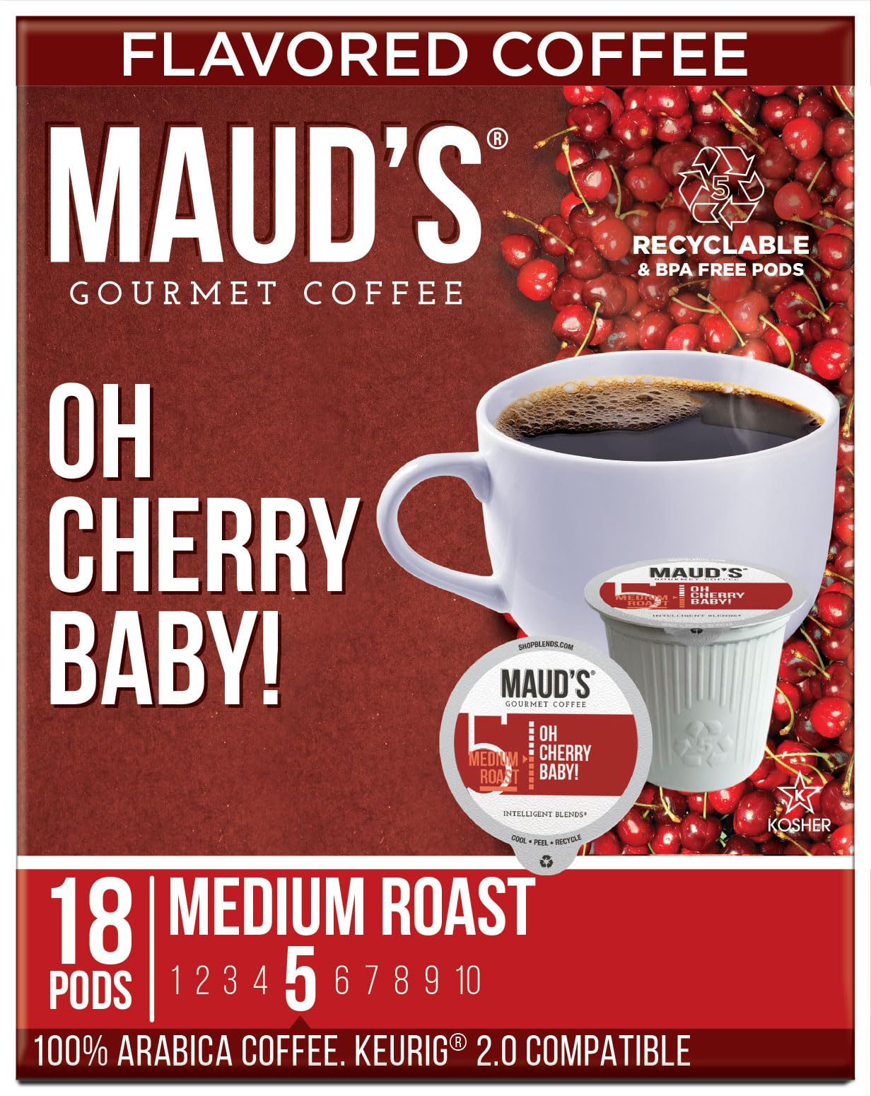 MAUDS Cherry Flavored Coffee Pods, Medium Roast, 18 Count, Compatible with Keurig K Cups, 100% Arabica Beans