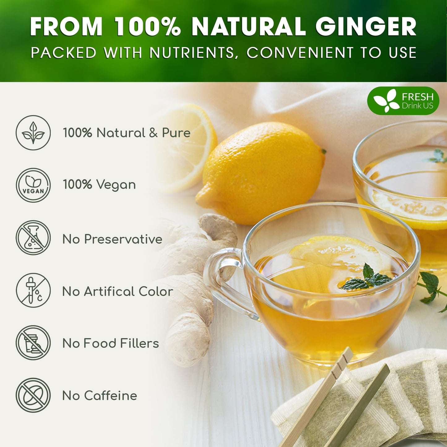 FRESHDRINKUS Premium Ginger Tea Bags, Non-GMO, Natural & Pure, 150 Count, Caffeine-Free, Vegan, Herbal Tea
