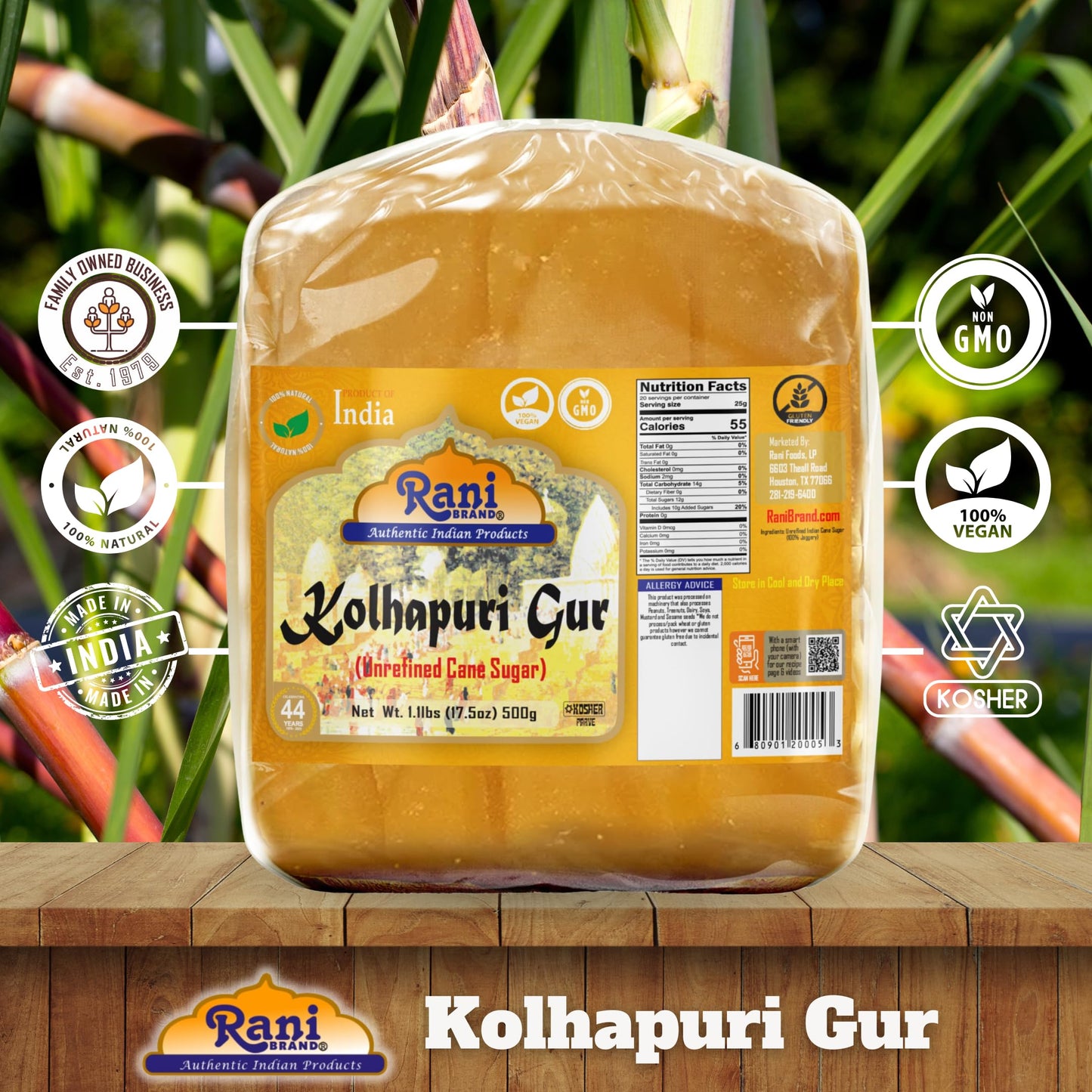 Rani Kolhapuri Gur (Jaggery) 17.5oz (1.1lbs) 500g ~ Unrefined Cane Sugar, No Color added, Gluten Friendly | Vegan | NON-GMO | Ko