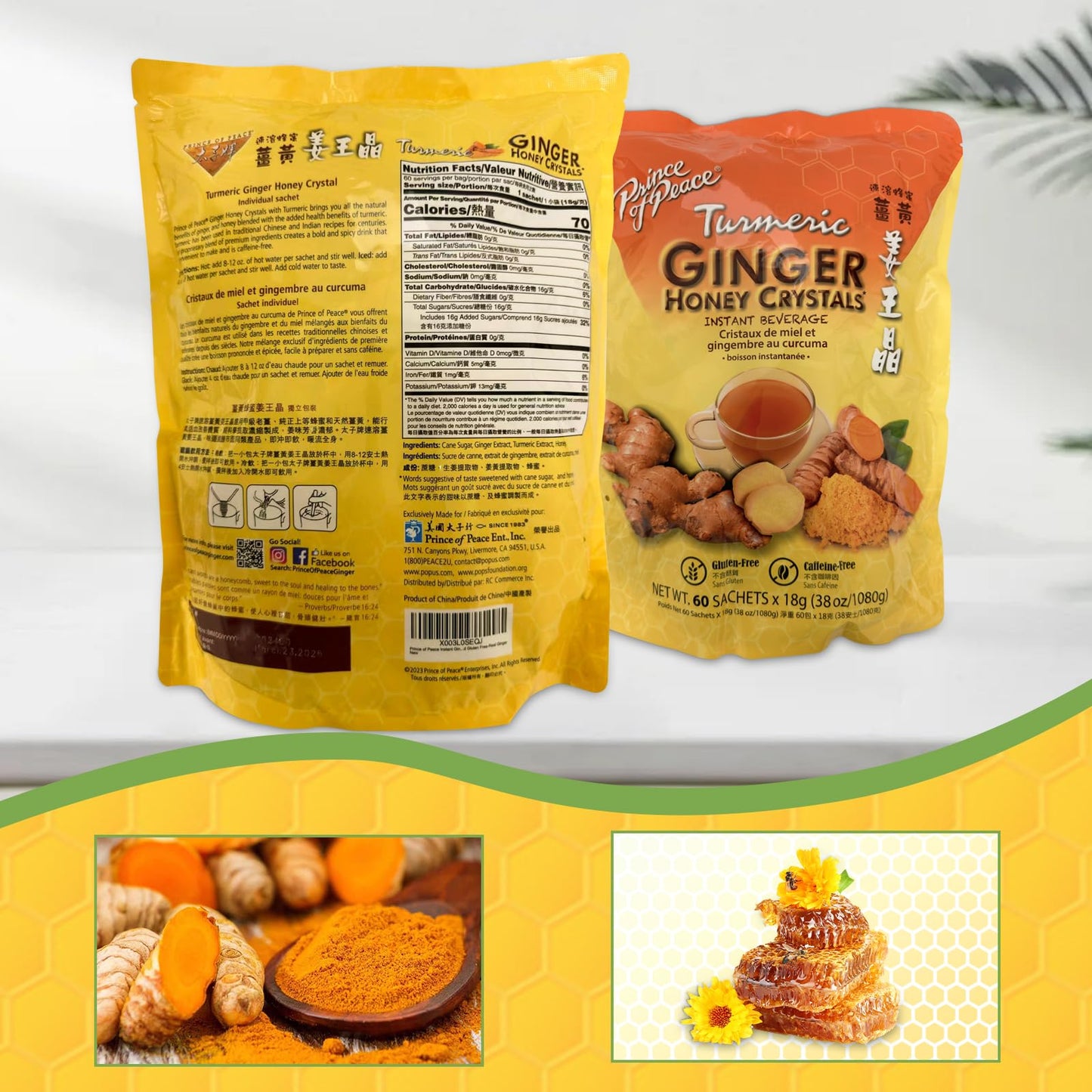 Prince Of Peace Instant Ginger Honey Crystals, Twin Packs - Instant Hot Or Cold Beverage That Soothes Throat - Easy To Brew - Dr