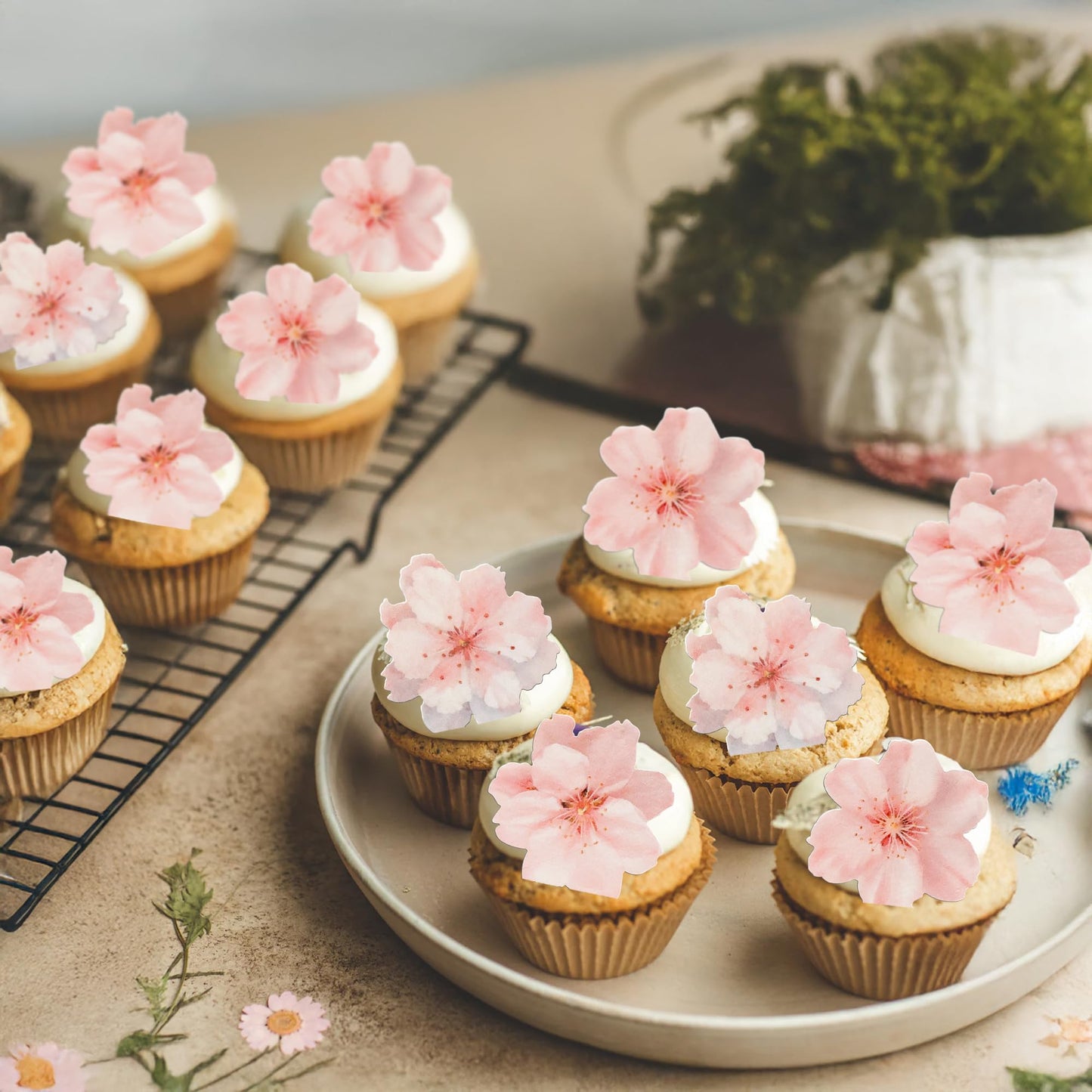 Ephlyn 54Pcs Edible Cherry Blossom Cupcake Toppers Spring Bridal Engagement Baby Shower Birthday Party Cupcake Picks Anniversary