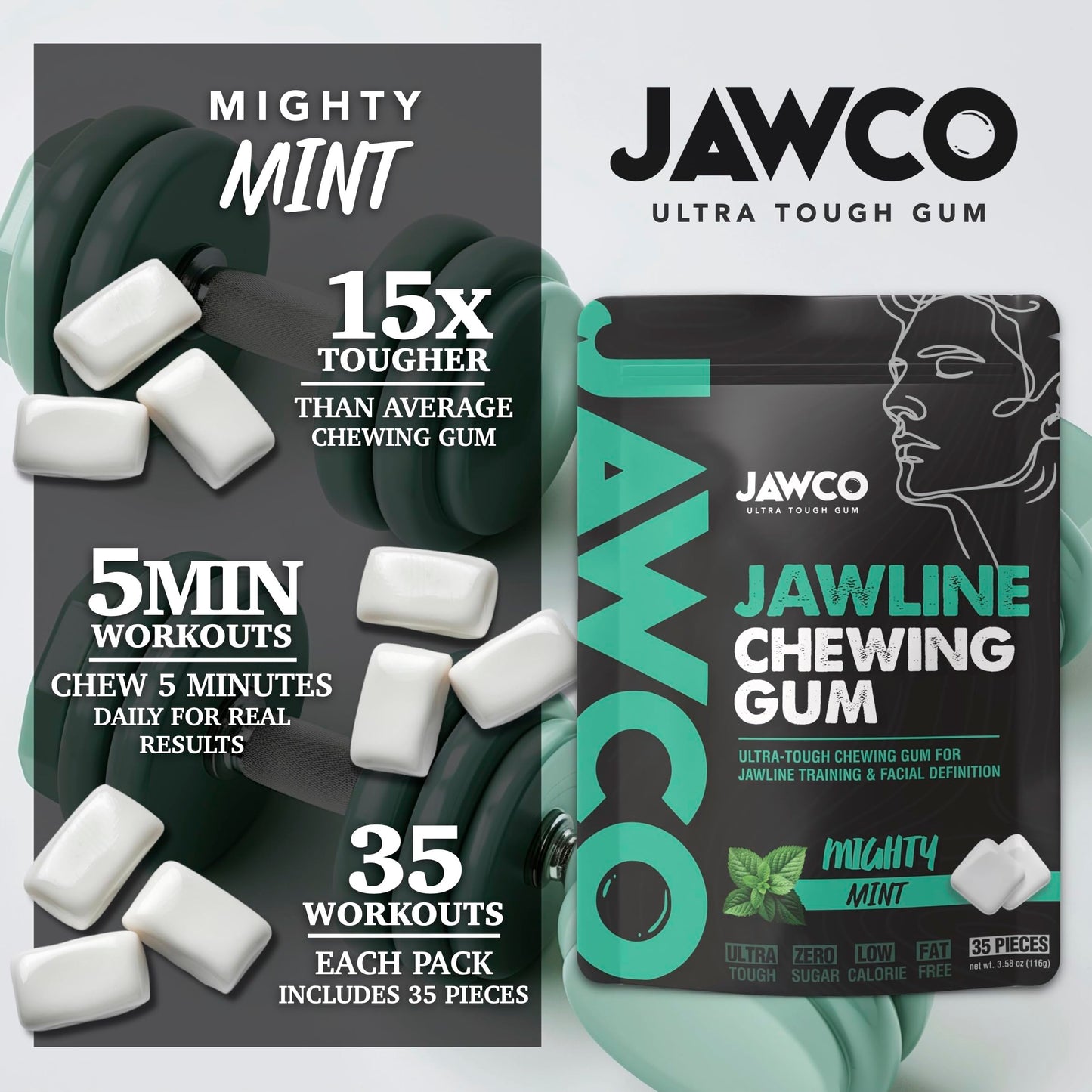 Jawcko Ultra-Tough Jawline Chewing Gum | Get A Stronger, Squarer Jawline | Mighty Mint Jaw Training Hard Gum | Chisel, Sculpt, Tone Your Jaw | 15X Hardness | Facial Fitness Mewing Gum | 40 Pieces/Pack