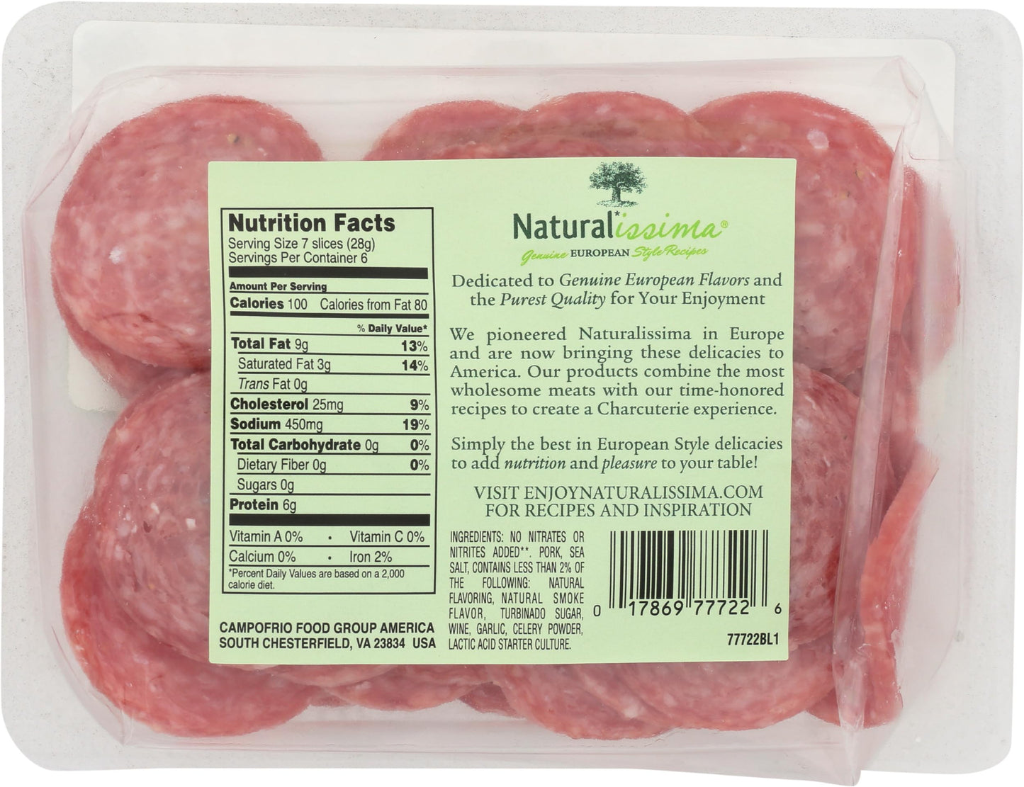 Naturalissima, Uncured Hard Salami, 6 oz