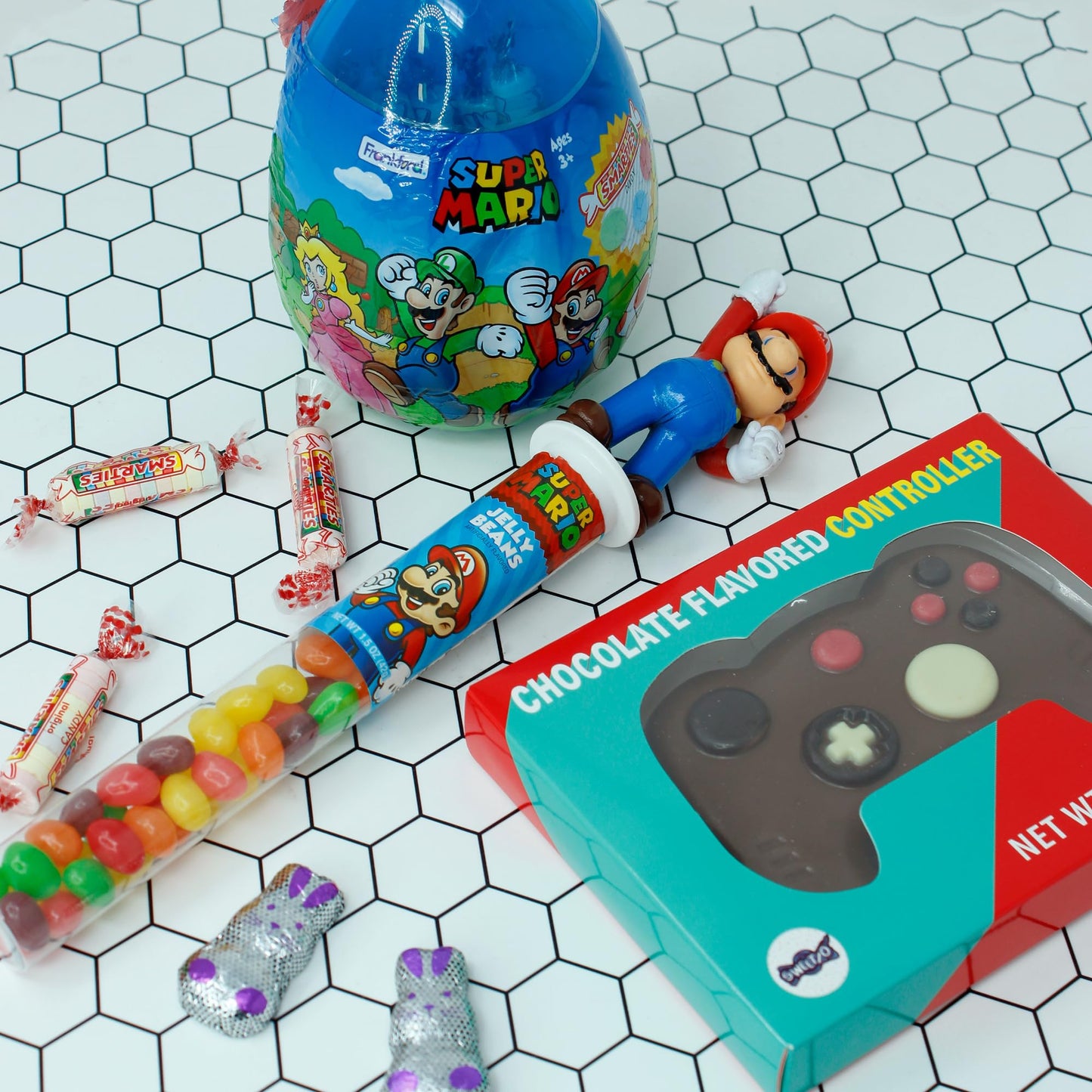 Sweetzo Easter Basket Candy Gift Set for Gamers, 4 Items, Medium Size, Includes Super Mario Egg, Jelly Beans, Chocolate Controller, Mini Bunnies