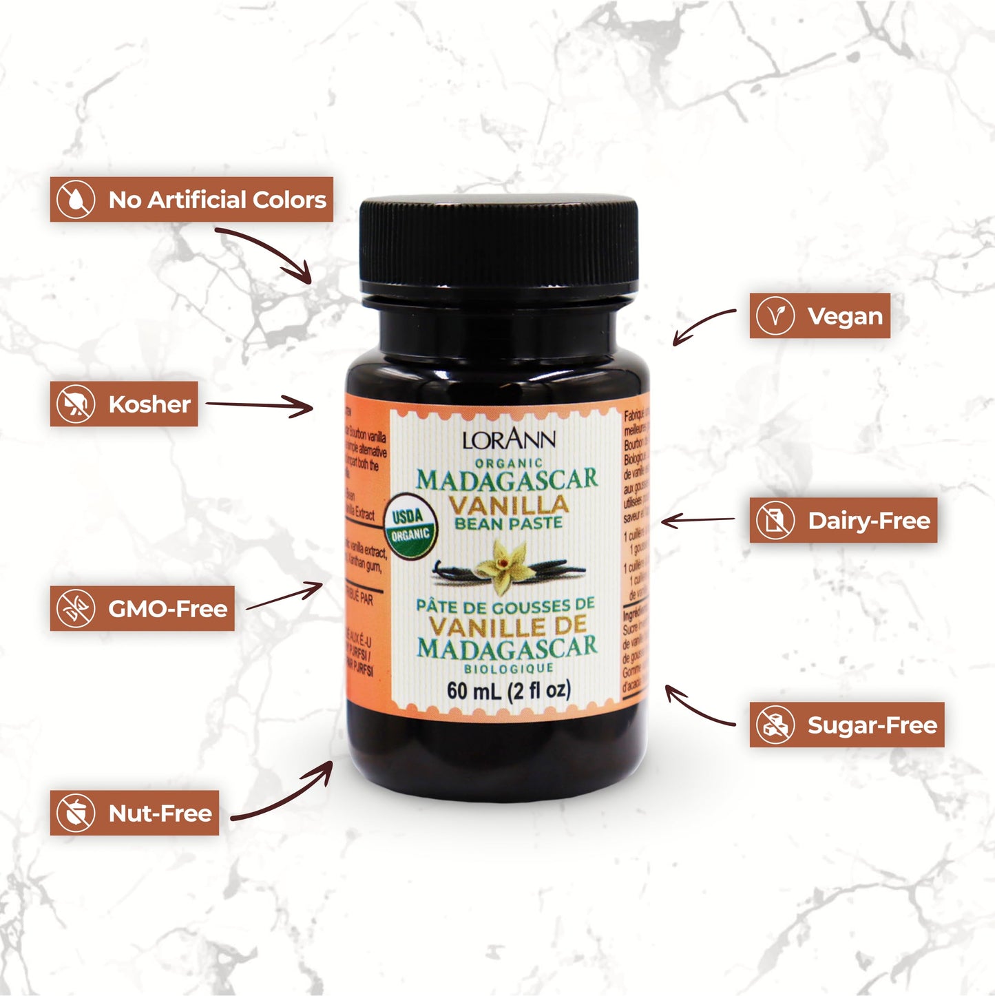 LorAnn Organic Pure Madagascar Vanilla Bean Paste, 2oz, Gluten-Free, Non-GMO, Rich Flavor, Real Seeds, Model 3000-0406B, Brown