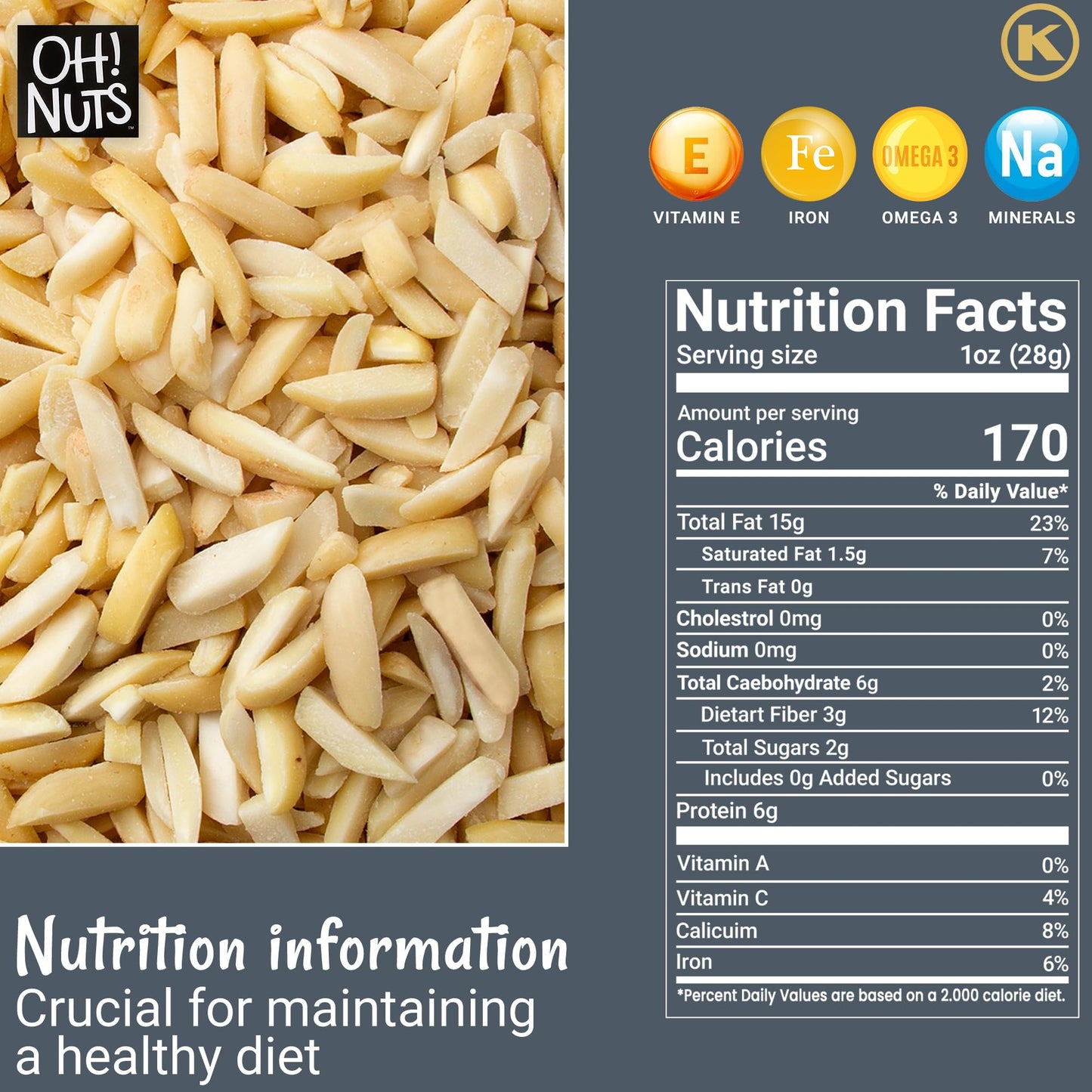 Oh! Nuts Blanched Slivered Almonds, Raw Unsalted, 24oz Bulk Bag, High Protein, Low Sodium, Dairy & Sugar Free