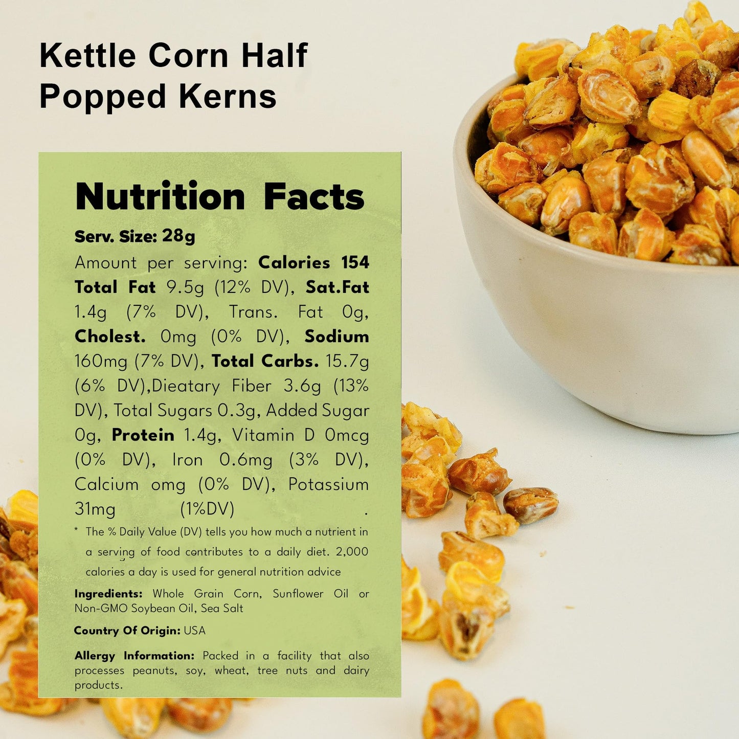 NUTS U.S. - Kettle Corn Half-Popped Kerns-Crunchy, Salty Snack - Non-GMO, Gluten-Free, No Artificial Flavors - 2 LB
