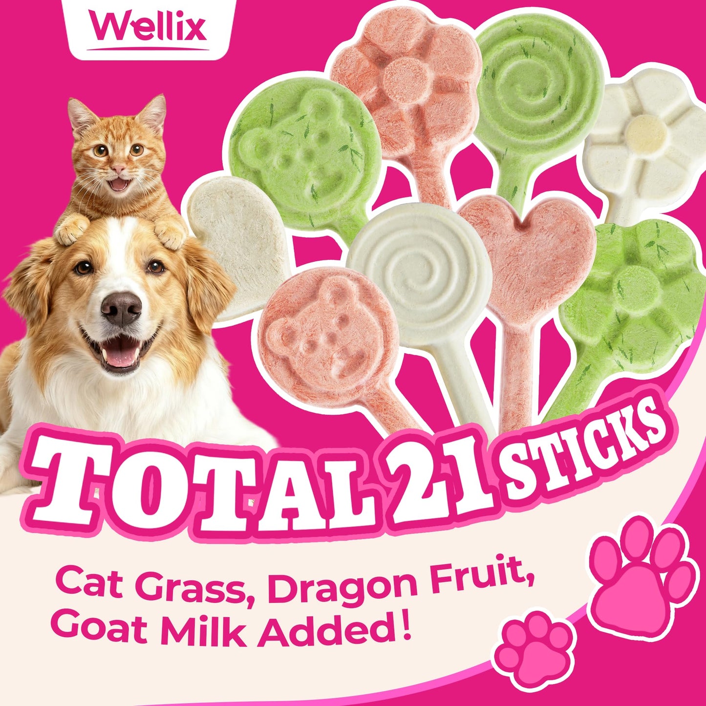 Wellix Freeze Dried Dog&Cat Treats - High Protein Chicken Recipe Lollipop Cat Treats - Three Flavors (Cat Grass, Dragon Fruit, G