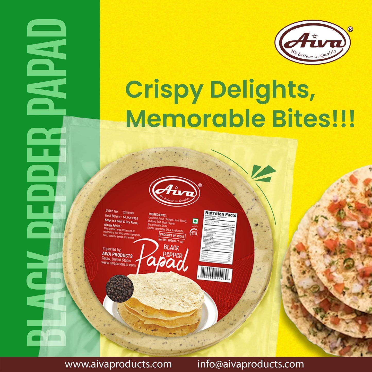 Aiva Pappadums (Indian Lentil Wafer Snack) Black Pepper Papad 200G (Pack Of 20)
