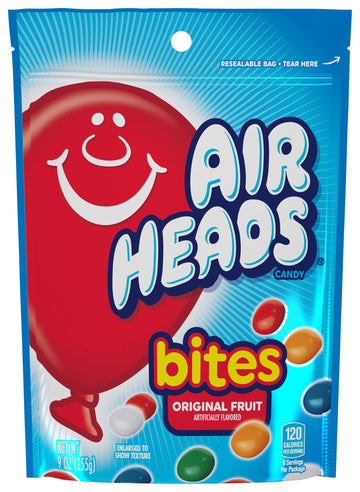 Airheads Candy Bites, Original Fruit Flavor, Non-Melting, 9oz Bag, Pack of 12, Orange/Blue/White