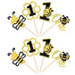24 Pcs Bee One Cupcake Toppers Black And Gold Glitter Honeycomb Number 1 Bee Cupcake Picks 1St Birthday Cake Decoration For Bumb
