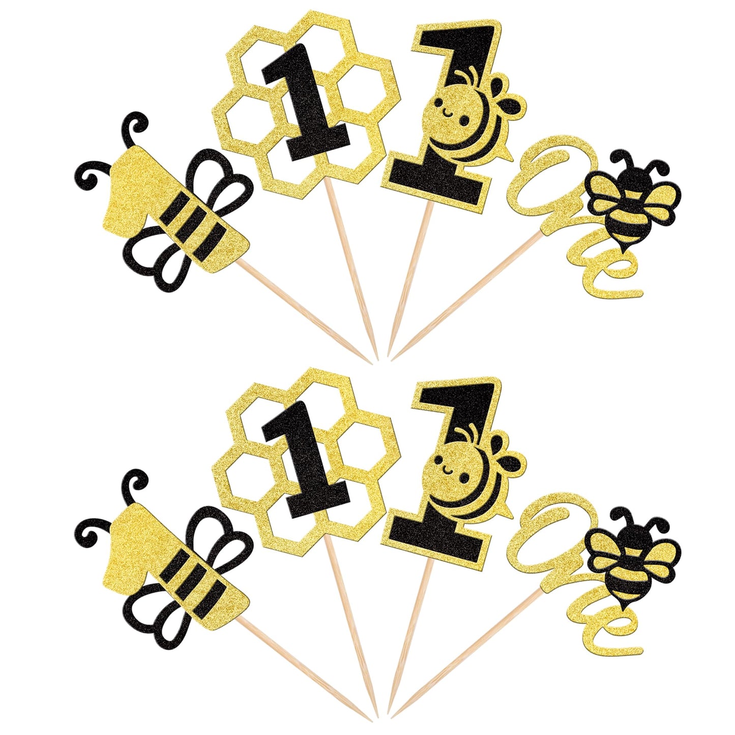 24 Pcs Bee One Cupcake Toppers Black And Gold Glitter Honeycomb Number 1 Bee Cupcake Picks 1St Birthday Cake Decoration For Bumb