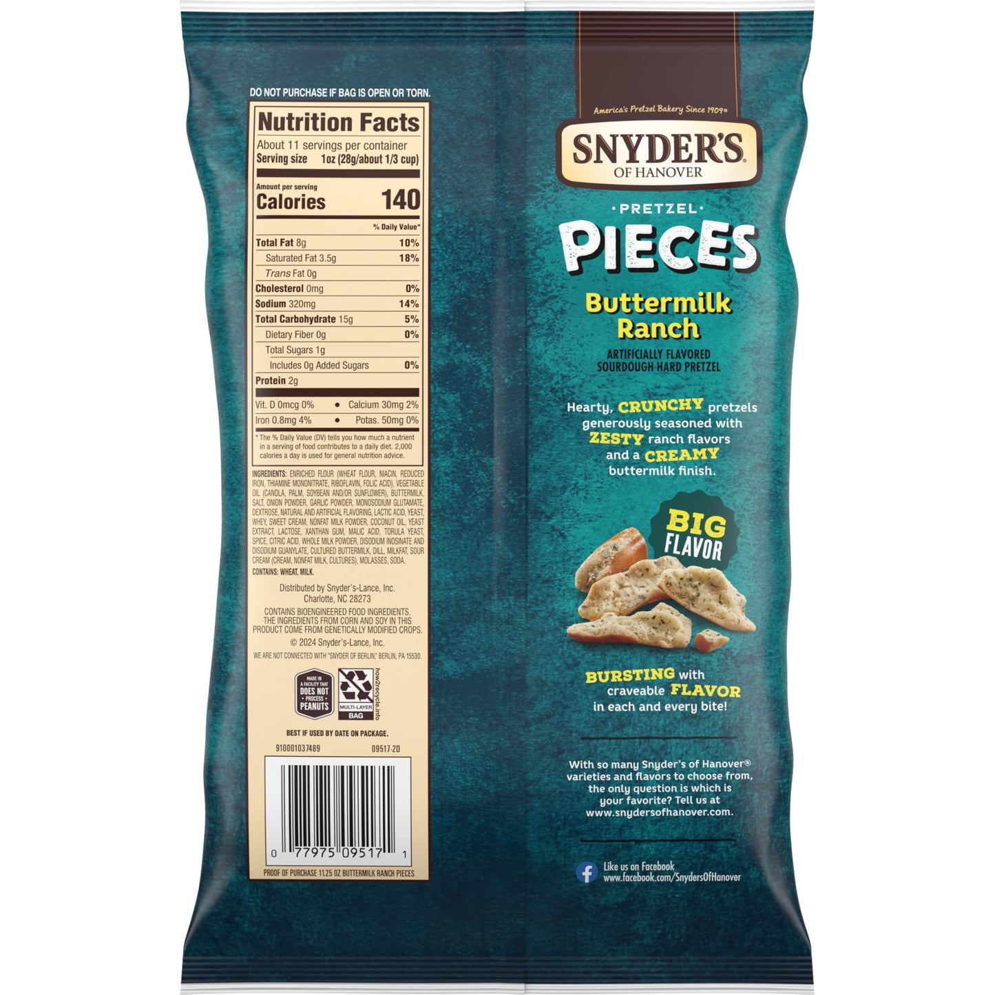 Snyders of Hanover Buttermilk Ranch Flavored Pretzel Pieces, 11.25 Oz (Pack of 3)