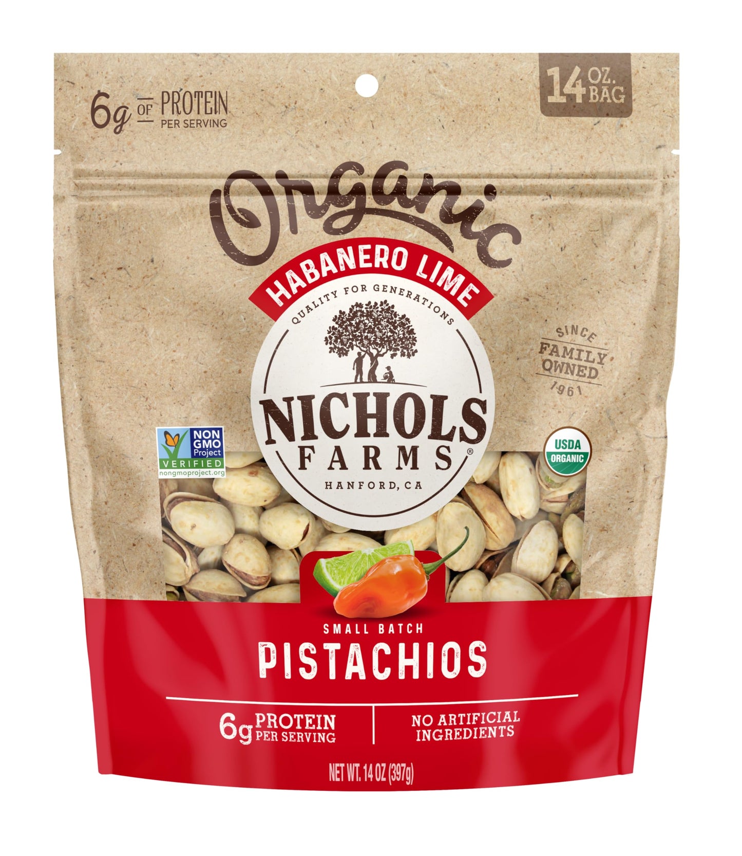 Nichols Farms Organic InShell California Pistachios, Healthy Protein Snack, Habanero Lime, 14oz