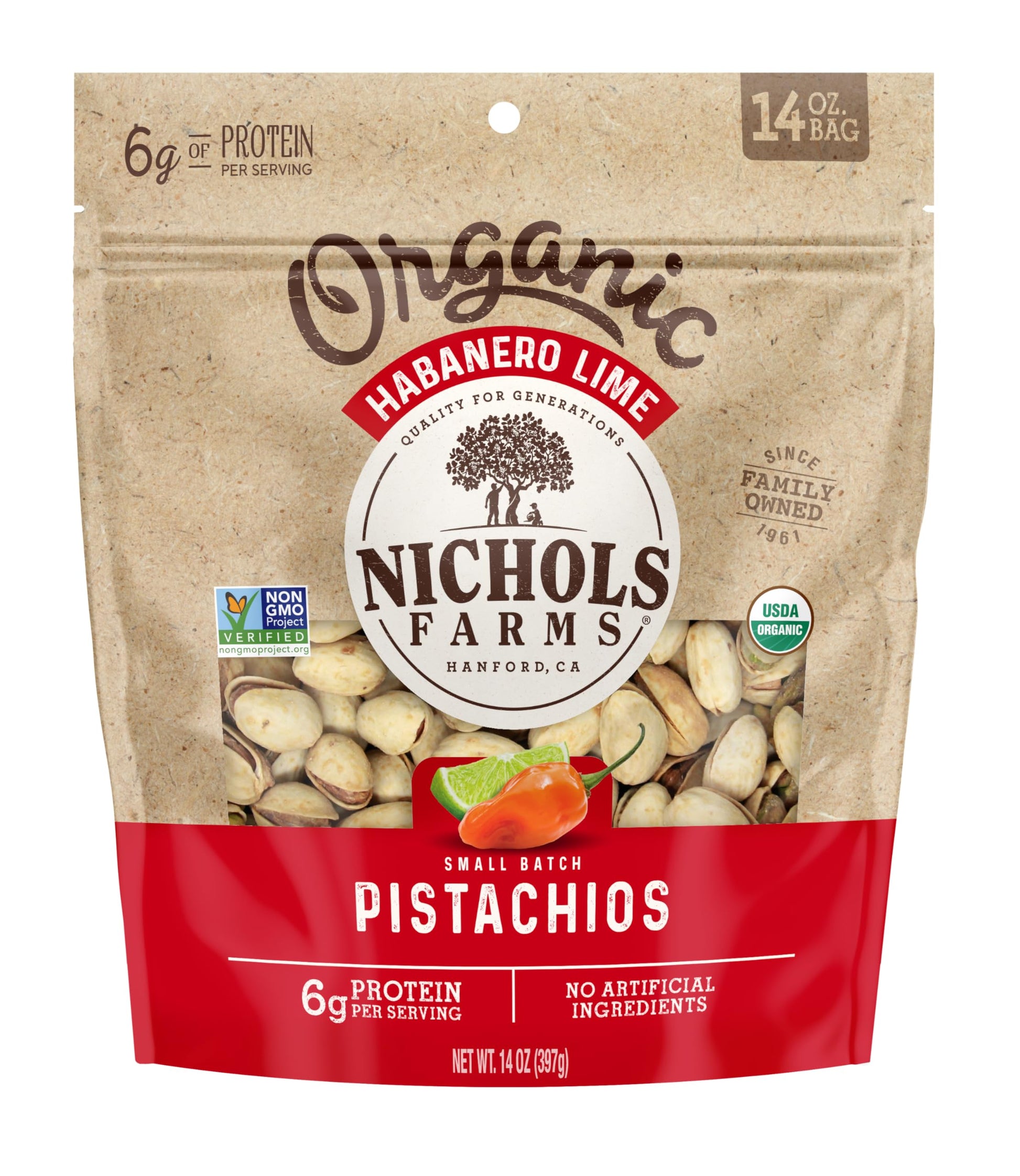 Nichols Farms Organic InShell California Pistachios, Healthy Protein Snack, Habanero Lime, 14oz