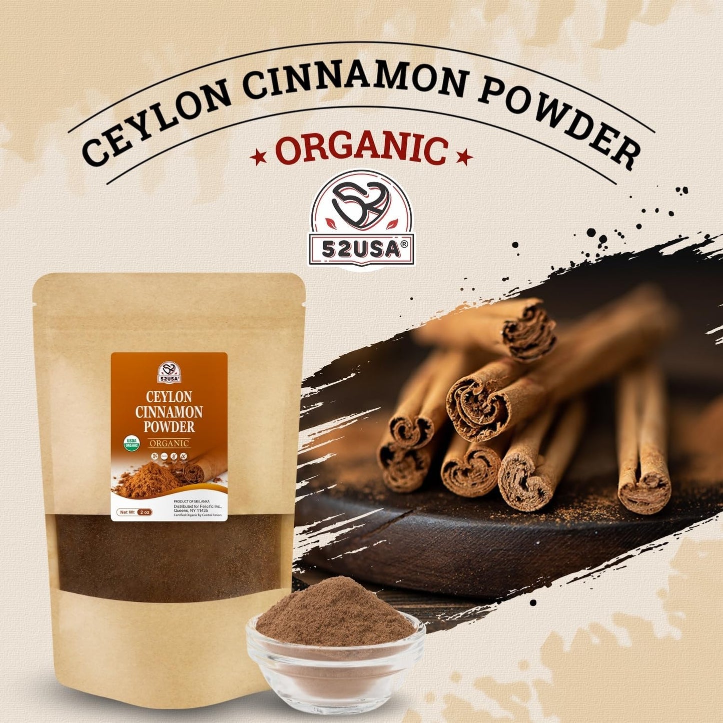 52USA Organic Ceylon Cinnamon Powder  2oz | True Cinnamon from Sri Lanka  Non-GMO  Gluten-Free  Freshly Packed for Baking  Cooking & Beverages