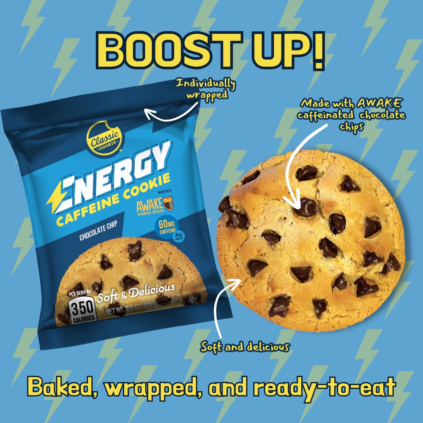 Classic COOKIE Energy Caffeine Cookie, Chocolate Chip, 60mg Caffeine, 2.8oz, Brown, Single Serve, 8 Cookies