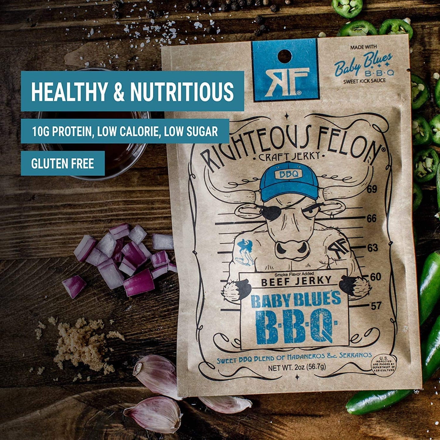 Righteous Felon Beef Jerky - Baby Blues Bbq Jerky - Gluten-Free Snacks - All-Natural, Locally Sourced  Dried Beef Jerky - Low-Su