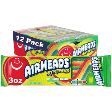 Airheads Xtremes Belts Sweetly Sour Candy Halloween Treat Non Melting Bulk Movie Theater And Party Bag, Rainbow Berry, 36 Ounce,