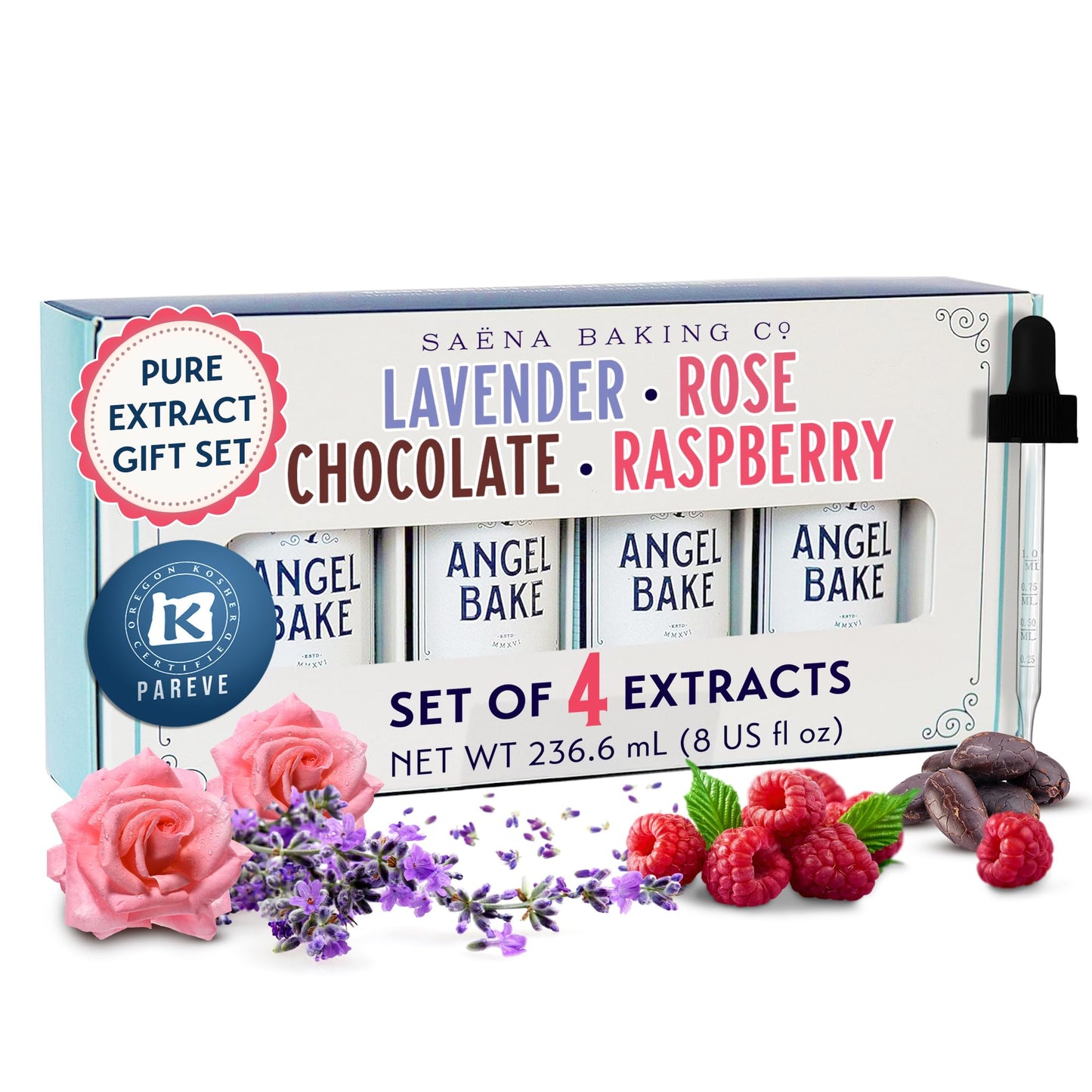SAENA BAKING CO Pure Chocolate & Raspberry Extract Set - 4 Pack, 8oz Total, Vegan, Keto Friendly, Latex-Free Dropper