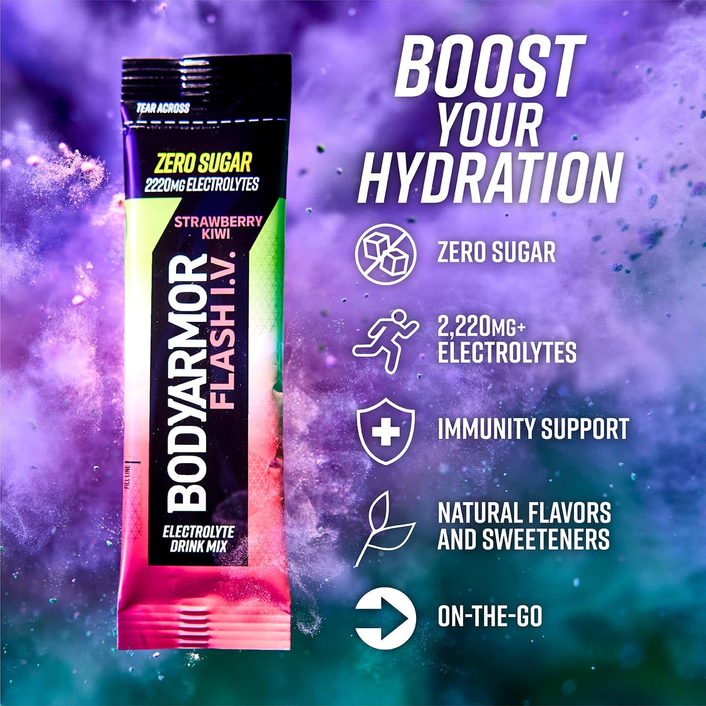 BODYprotective covering Flash IV Electrolyte Packets, Strawberry Kiwi Drink Mix, Zero Sugar, 15 Servings, Red