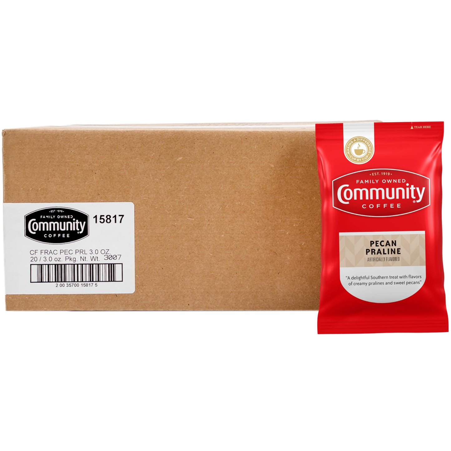 Community Coffee Pecan Praline Flavored Coffee Packs, Medium Roast, 3 Ounce Each, Pack of 20