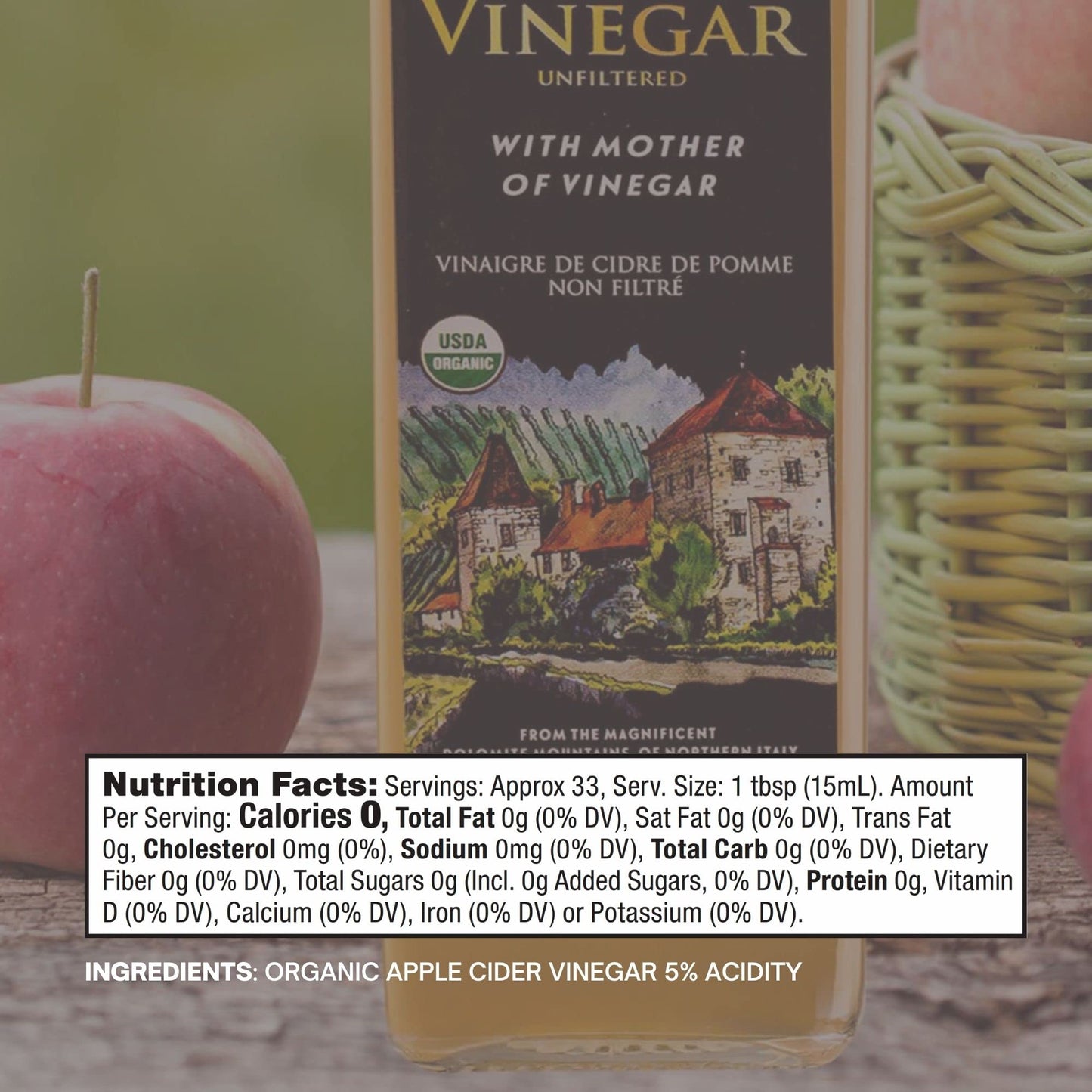 Tuscanini Organic Unfiltered Apple Cider Vinegar, 16.9 Fl Oz, Certified Kosher