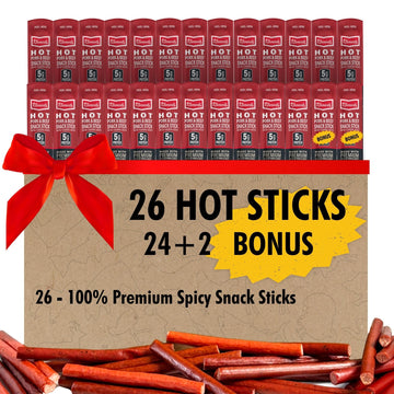 Jerky.Com Hot Beef And Pork Jerky Meat Sticks 26 Pack (24 + 2 Bonus) | 5G Protein, 90 Calories, Gluten-Free, Individually Wrapped, Keto Friendly, Low Carb Snack | Delicious Smoked Beef Jerky Sticks | Gifts For Men