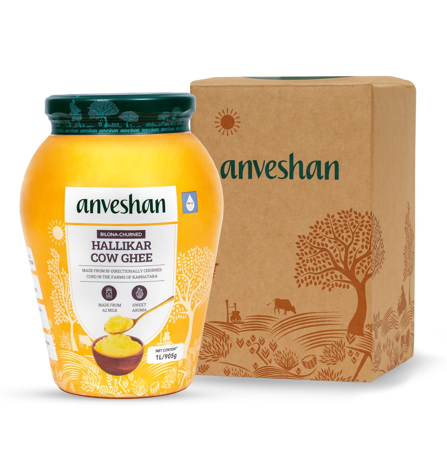 Anveshan A2 Cow Ghee 1L | Glass Jar | Bilona Method | Curd-Churned | Pure, Natural & Healthy | Lab Tested.