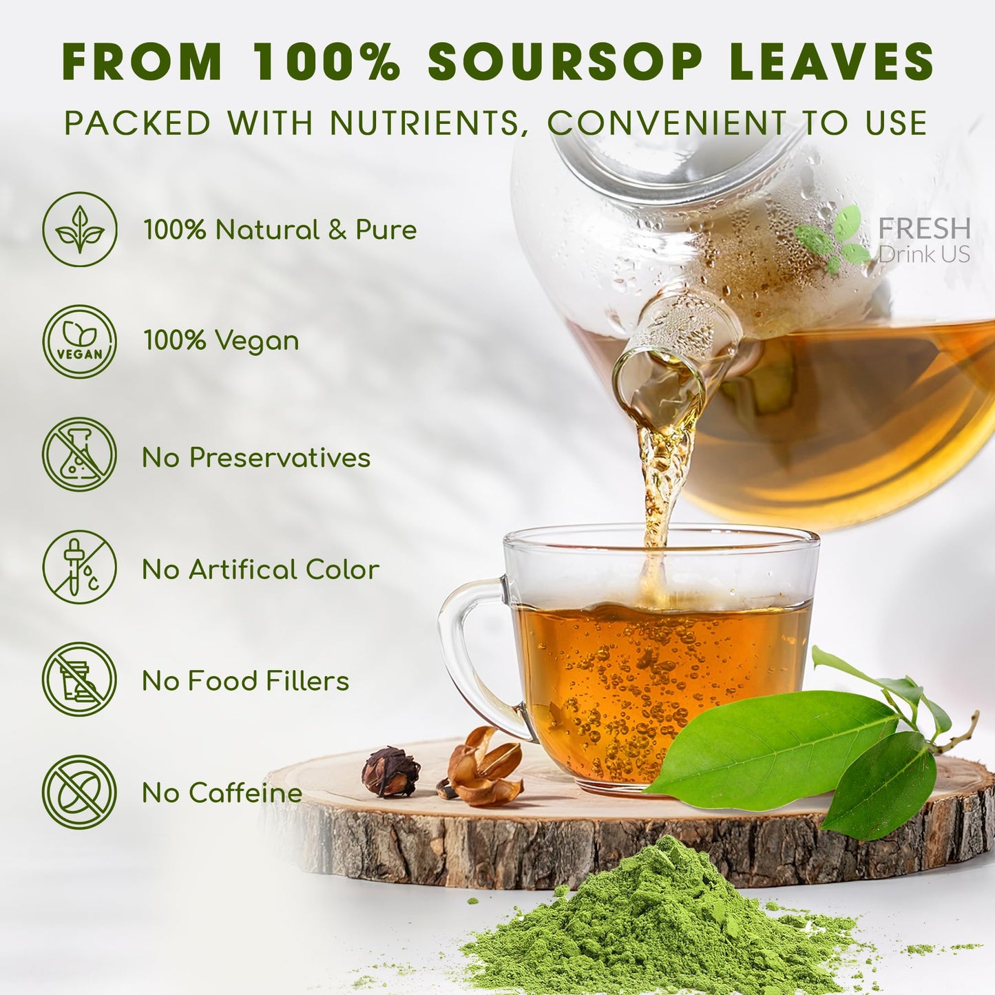 FRESHDRINKUS Premium Soursop Leaf Powder, 100% Natural, 10oz, Vegan, No Additives