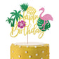 YCTHUNFISH Happy Birthday Cake Topper Tropical Hawaiian Luau Glitter Flamingo Pineapple Decoration, Bamboo, 6.3x9.6 inches