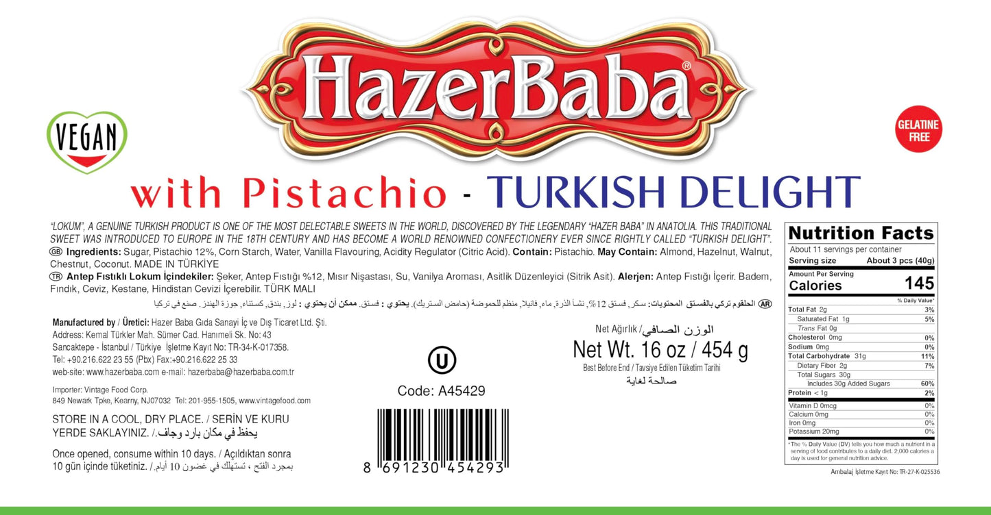 Hazer Baba Turkish Delight Pistachio Candy, Gourmet Snack Box, Traditional, Vegan Snack, Turkish Lokum, Unique Sweets, Loukumi,