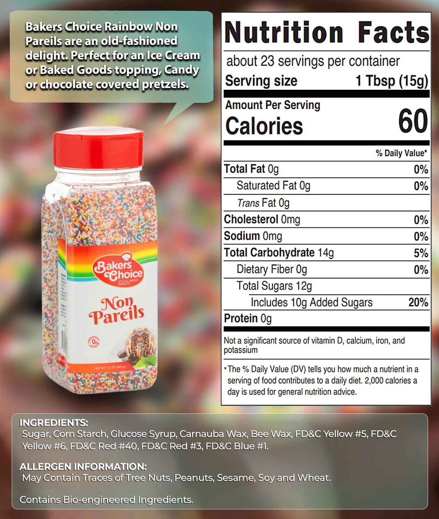 Bakers Choice Rainbow Nonpareils Sprinkles, Gluten Free, Dairy Free, 12 oz, Multicolored