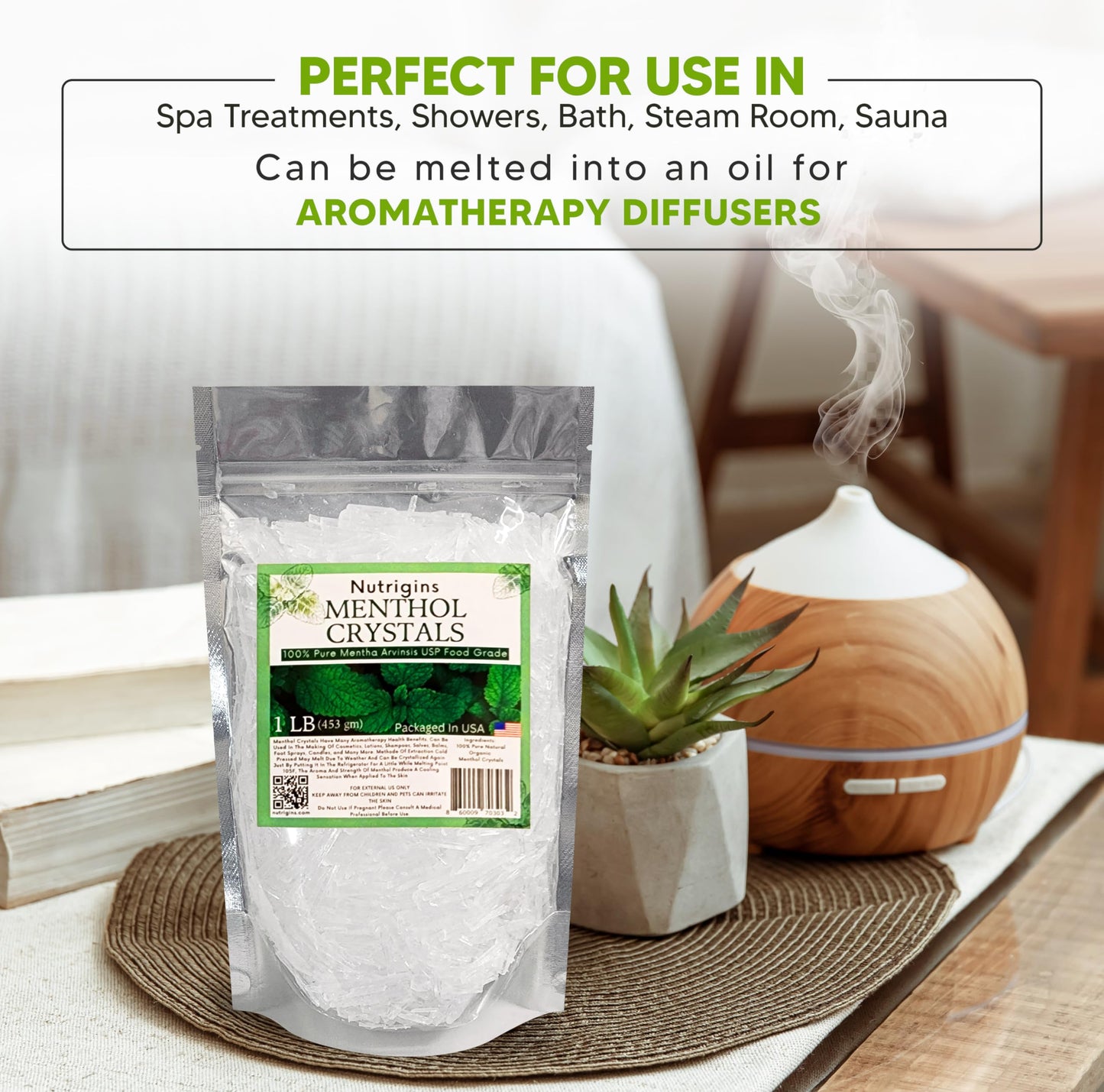 Nutrigins Menthol Crystal 1 Lb - Pure Organic 100% Natural - Menthol Crystals From Mint Crystal Mints Mentha Arvensis - Comes In Resealable Standup Bag For Long-Lasting Freshness