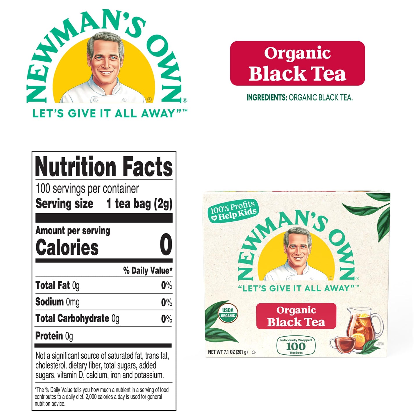 Newmans Own Organic Black Tea - Robust Black Tea, 200 Tea Bags, USDA Certified, Caffeinated, Brew Hot/Cold