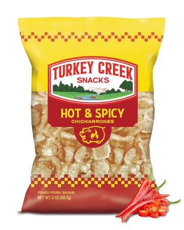 Turkey Creek Hot & Spicy Chicharrones, Fried Pork Rinds - Spicy Flavored Pork Skins - Low Carb, Gluten-Free, Protein Snack - 2oz