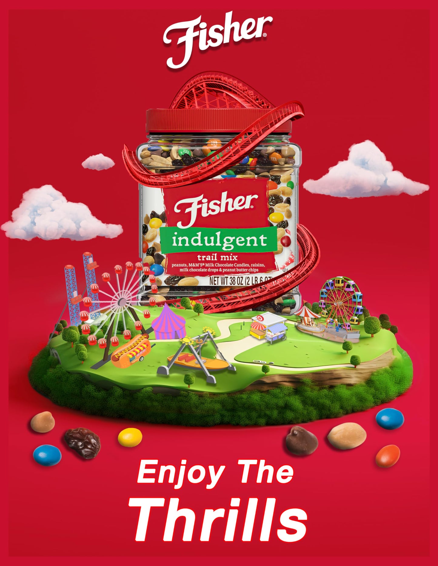 Fisher Snack Indulgent Trail Mix, 38 Ounces, Peanuts, Milk Chocolate Candies, Raisins, Milk Chocolate Drops, Peanut Butter Chips