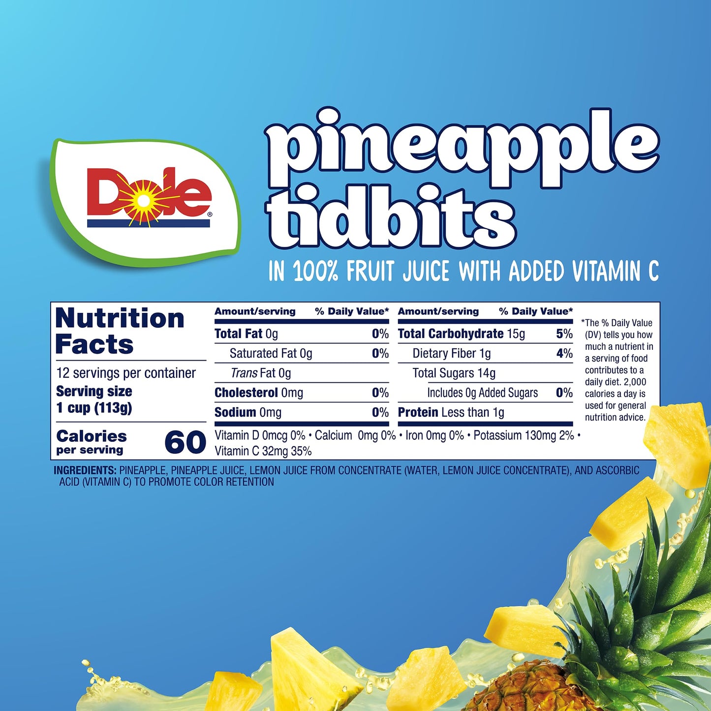 Dole Pineapple Tidbits In 100% Juice^ - Dole Fruit Bowls Snacks - 4 Oz Fruit Bowls - 12 Pack