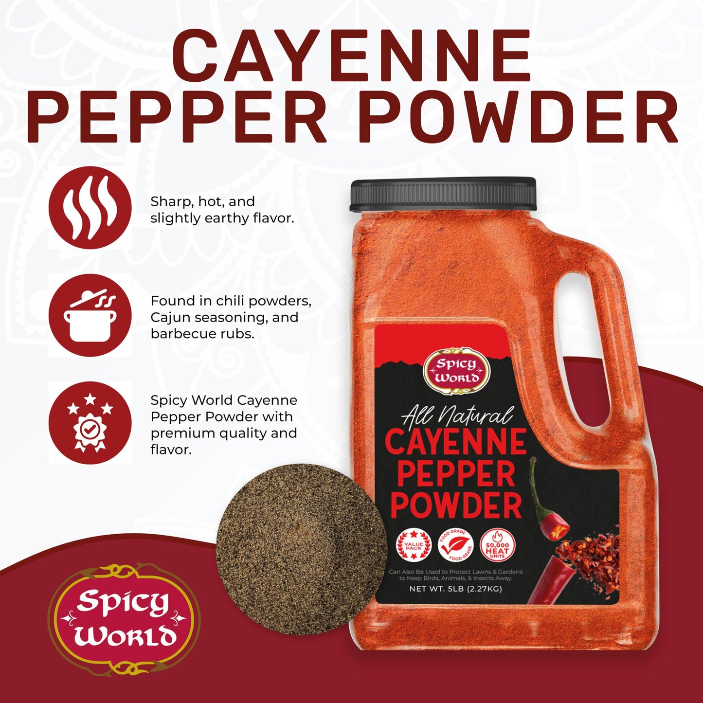 Spicy World Hot Cayenne Pepper Powder, 5 LBS Jar, Gluten Free, Red Ground Pepper, 50,000 SHU Heat Unit