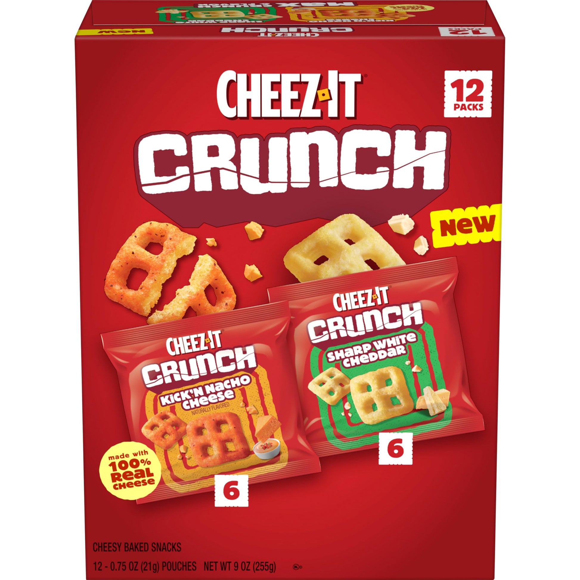 Cheez-It Crunch Cheesy Baked Snacks, Lunch Snacks, Variety Pack, 9oz Box (12 Packs)