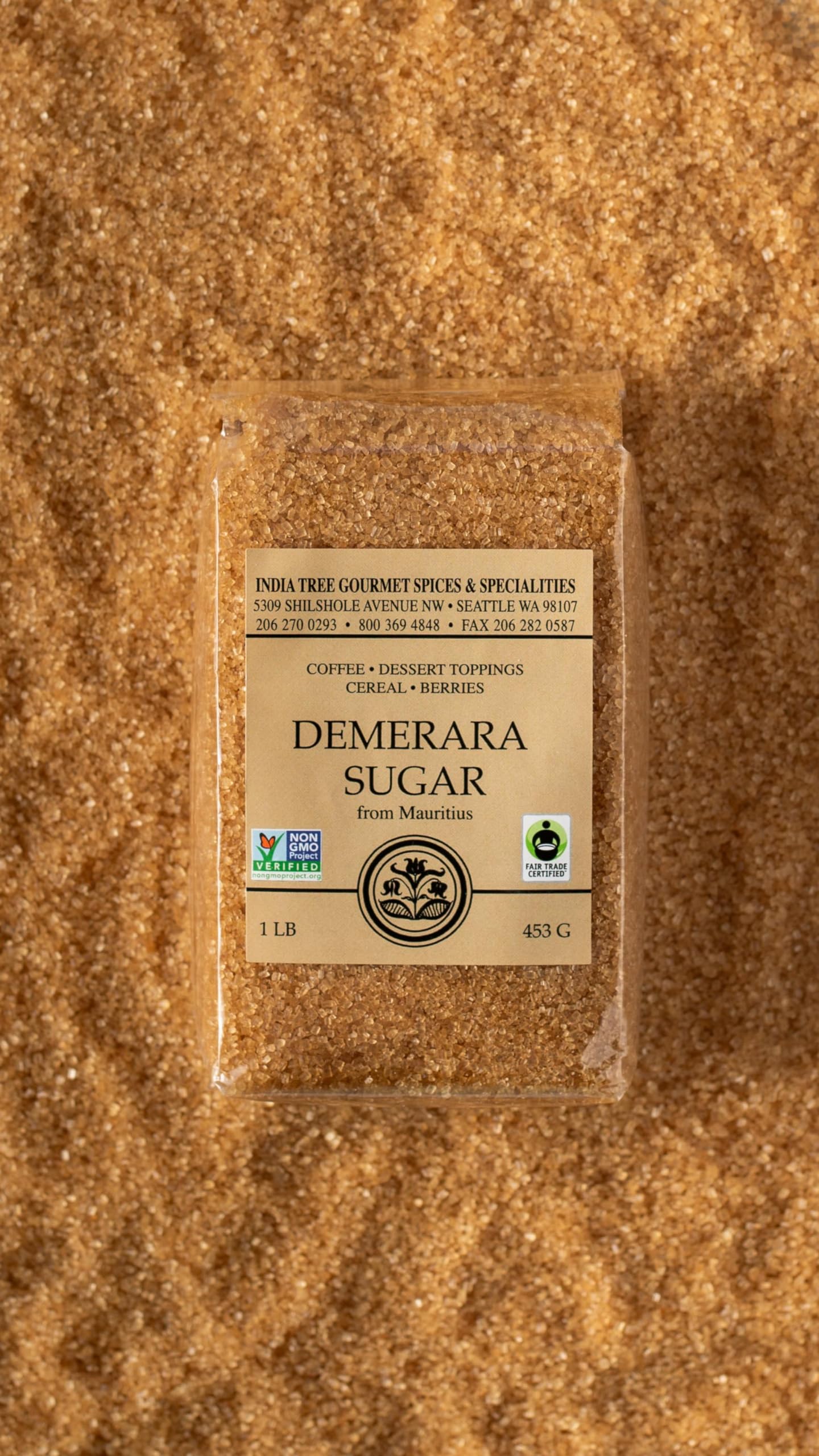 India Tree Mauritius Demerara Raw Sugar, 1.75-Pound Jar, Granulated Unrefined Cane Sugar, Amber Color, Mild Molasses Flavor