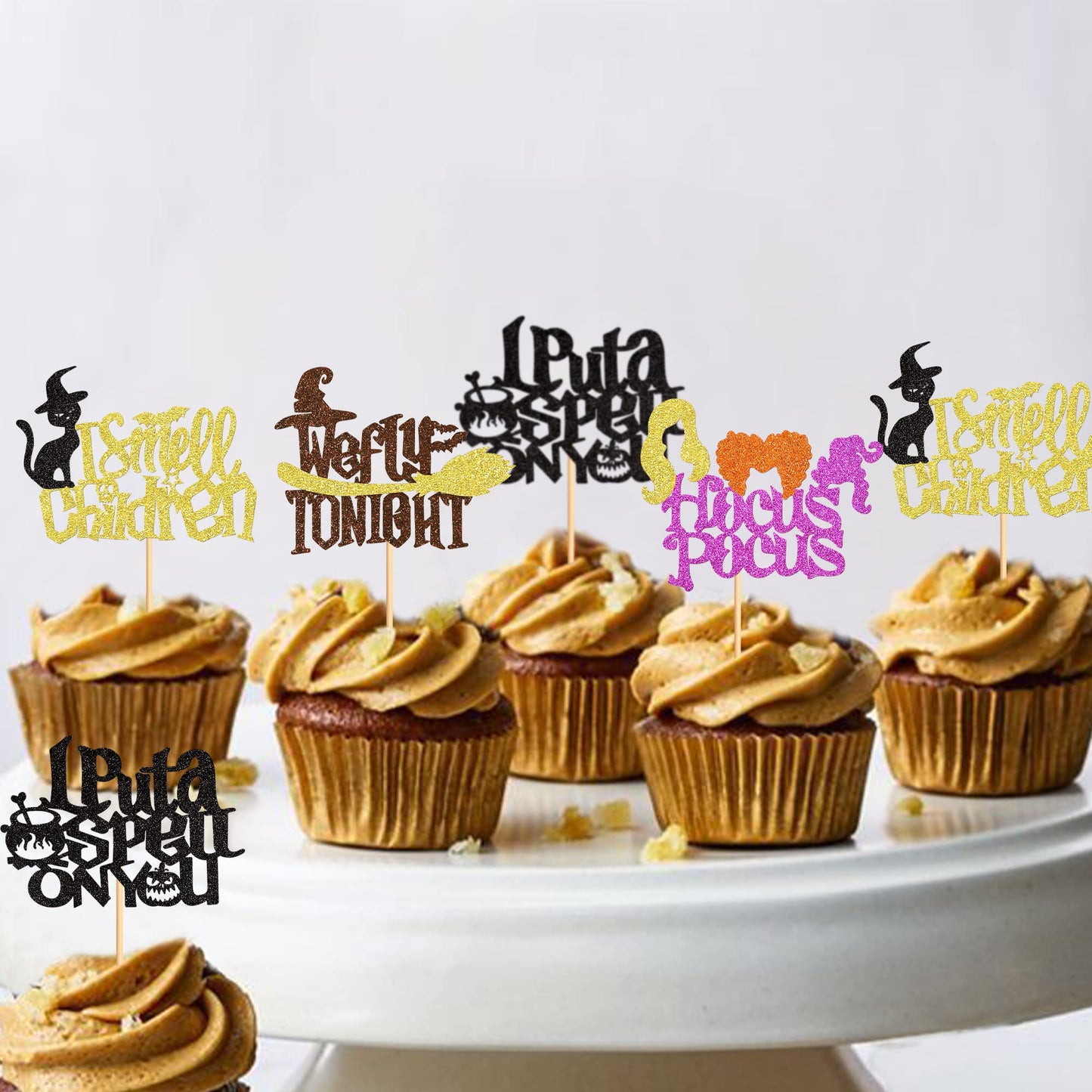 Ercadio 24 Pack Hocus Pocus Witch Hair Cupcake Toppers Halloween I Put A Spell On You Cupcake Picks Black Cat Witch Halloween Cu