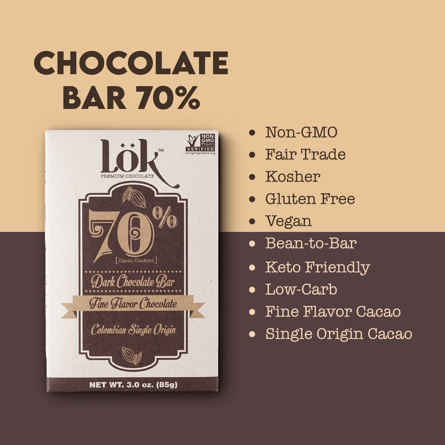 Lok Dark Chocolate Bar 70% Cacao | Fair Trade, Non Gmo, Kosher, Gluten Free, Vegan, Bean-To-Bar, Paleo, Ethically Sourced Lk | 3