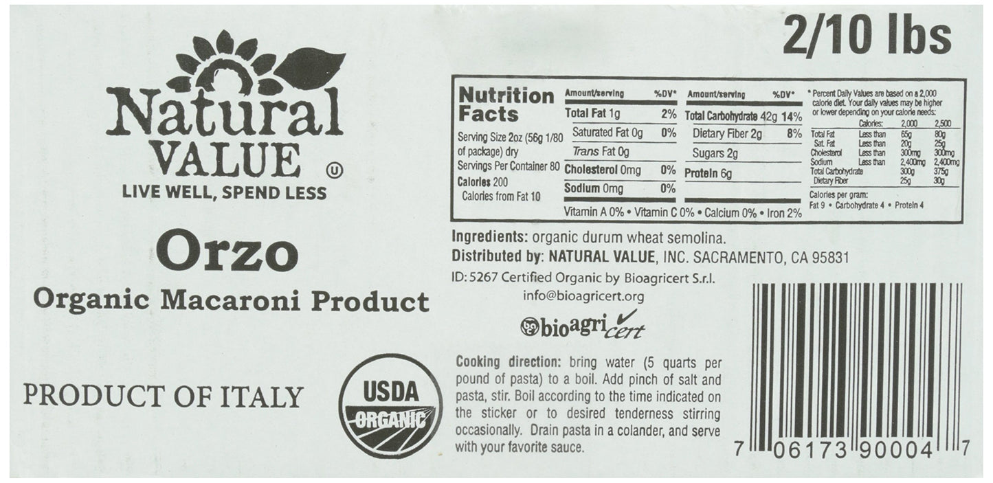 Natural Value Organic Orzo, Durum Wheat Semolina Pasta, 10 Pound
