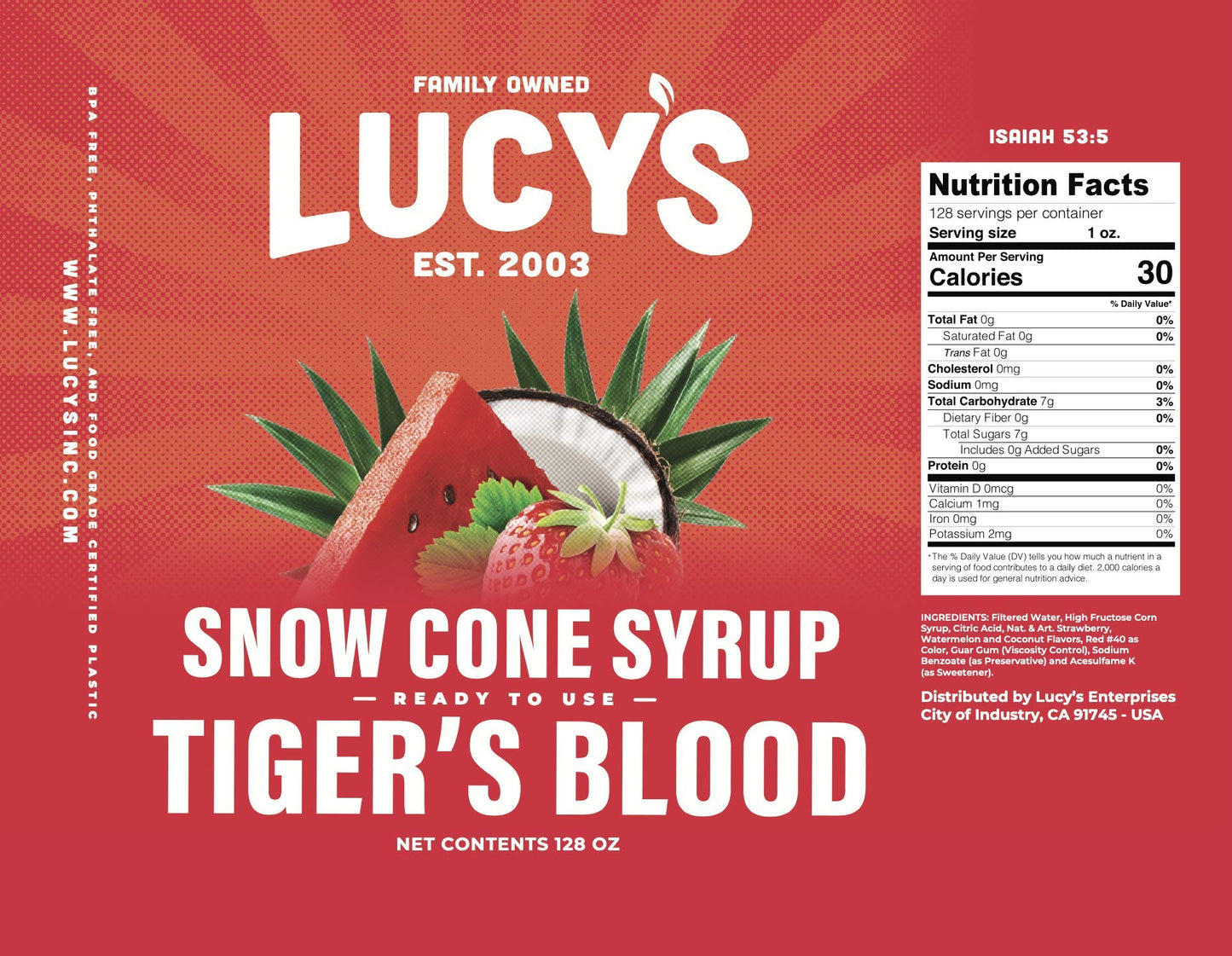 Lucy s Family Owned - Shaved Ice Snow Cone Syrup - 1 Gallon (128oz.) (Tiger s Blood)