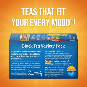 Twinings Variety Pack Black Tea Bags, 20 Count (Pack Of 1), Includes English Breakfast, Earl Grey, Irish Breakfast, And Lady Gre