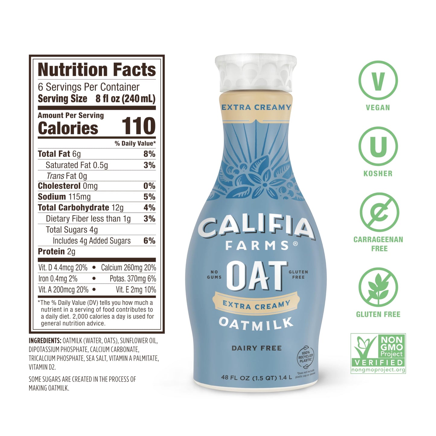 Califia Farms - Extra Creamy Oat Milk, 48 Oz, Dairy Free, Plant Based, Vegan, Gluten Free, Non GMO, High Calcium, Smoothie, Oatm