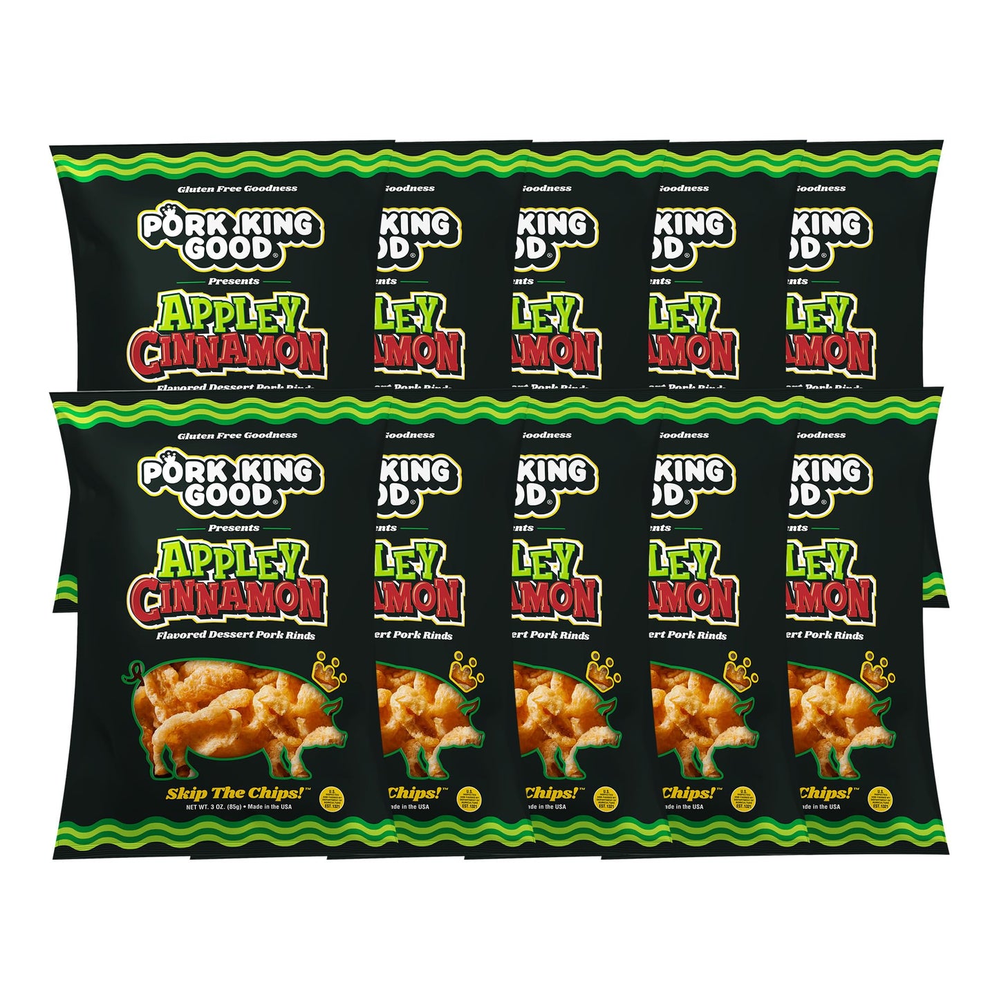 Pork King Good Appley Cinnamon 3 oz Dessert Flavored Pork Rinds - (10 Pack) Sweet and Salty, Gluten Free Snacks